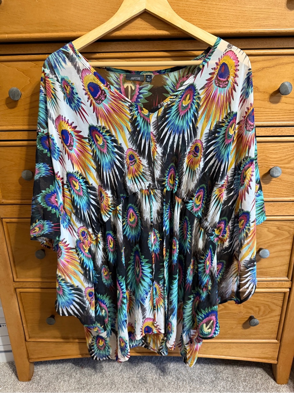 Womens Kimono Style Peacock Feather Top Size M Sheer Drawstring Waist Whimsical